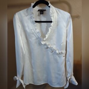 Miss Tina White Ruffle V-Neck Satin Blouse